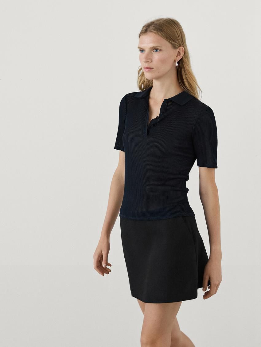 Massimo Dutti Ribbed Cotton Polo Shirt Women T-Shirt Navy | US-XU8360924