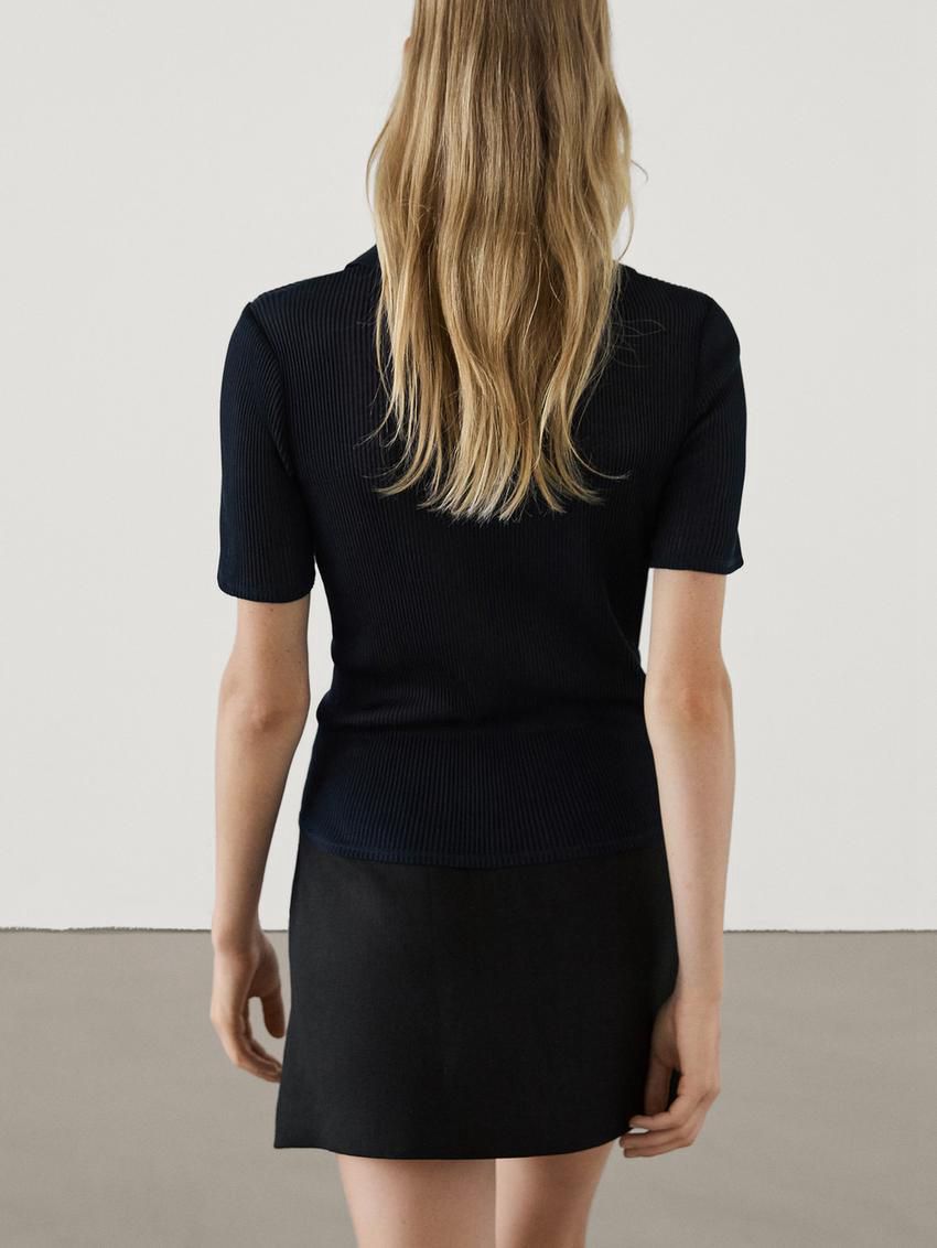 Massimo Dutti Ribbed Cotton Polo Shirt Women T-Shirt Navy | US-XU8360924
