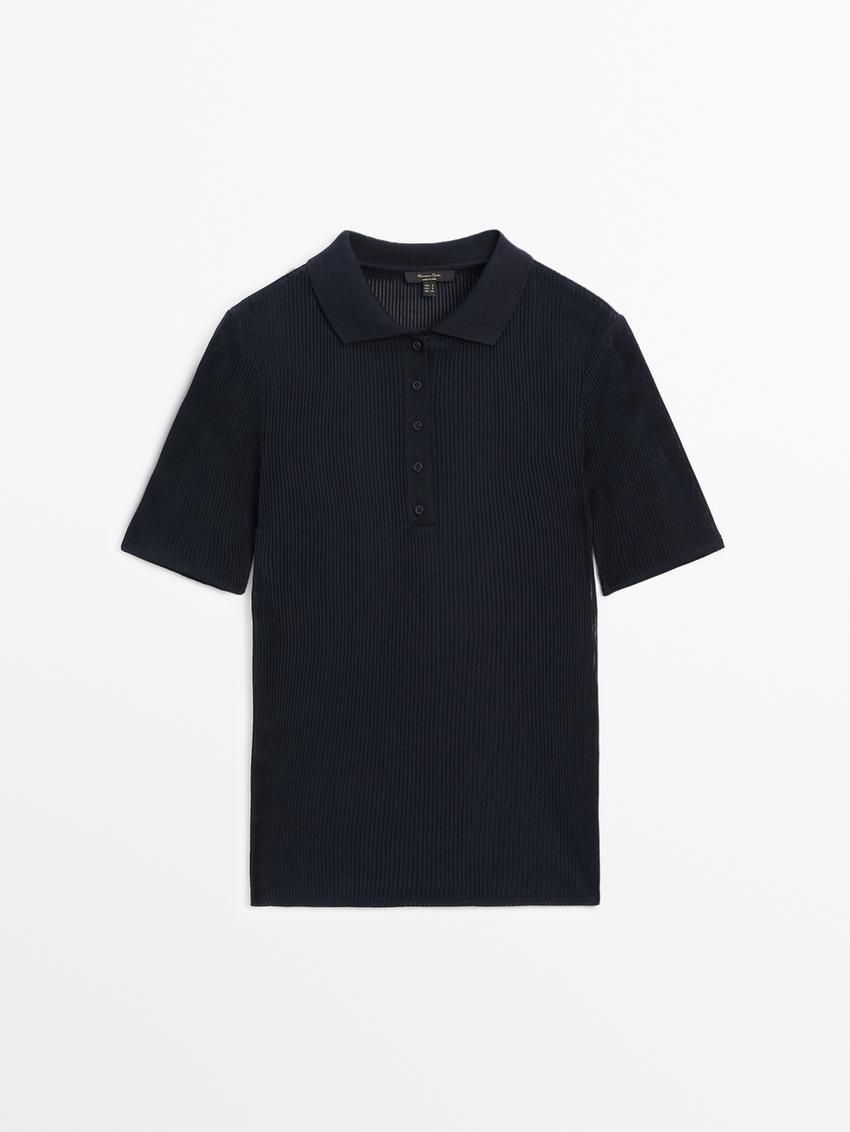 Massimo Dutti Ribbed Cotton Polo Shirt Women T-Shirt Navy | US-XU8360924
