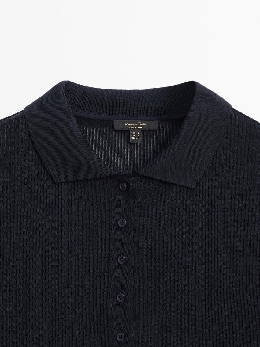 Massimo Dutti Ribbed Cotton Polo Shirt Women T-Shirt Navy | US-XU8360924