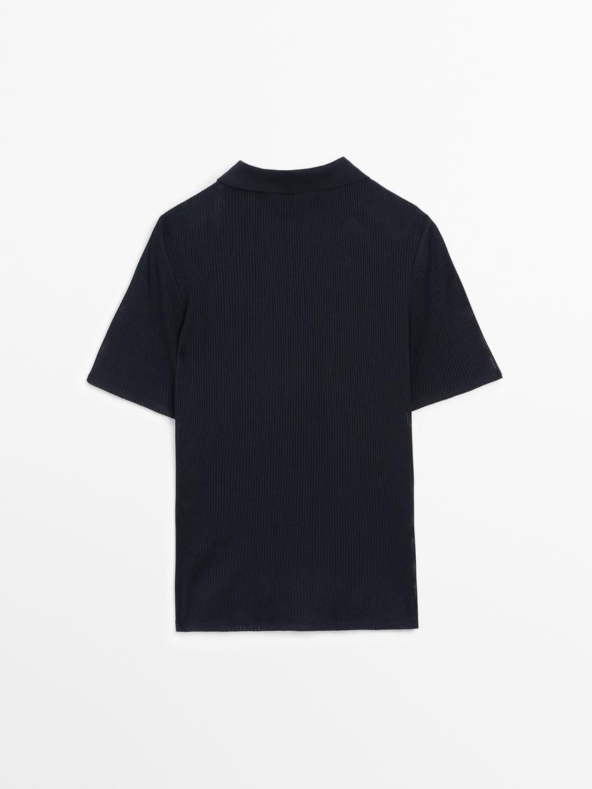 Massimo Dutti Ribbed Cotton Polo Shirt Women T-Shirt Navy | US-XU8360924