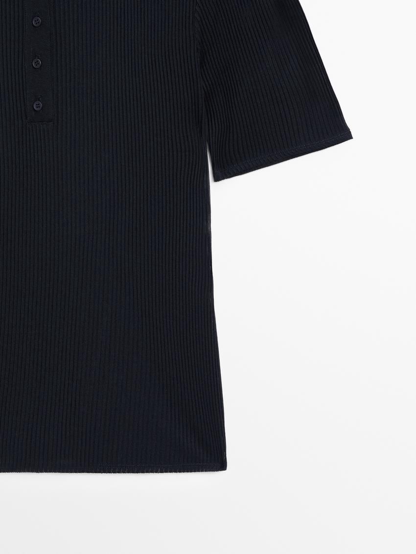 Massimo Dutti Ribbed Cotton Polo Shirt Women T-Shirt Navy | US-XU8360924