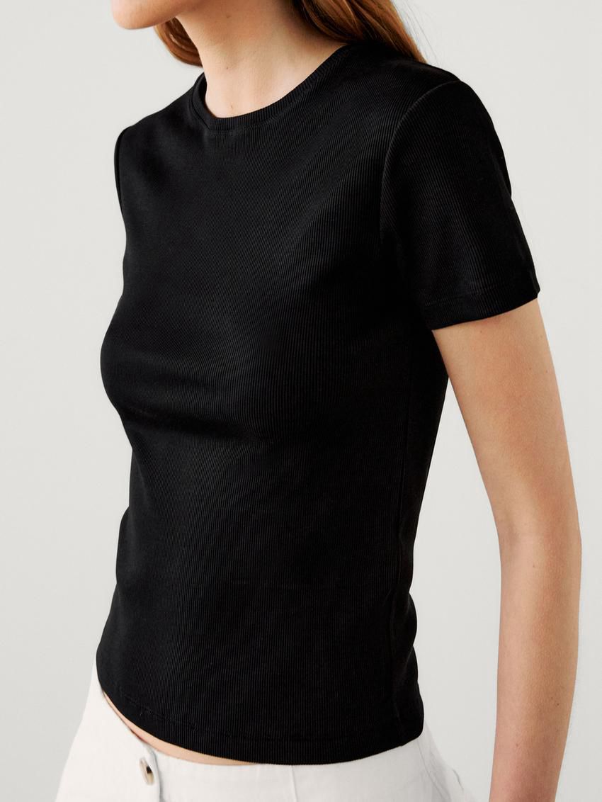 Massimo Dutti Ribbed Cotton Short Sleeve Women T-Shirt Black | US-MC6097182