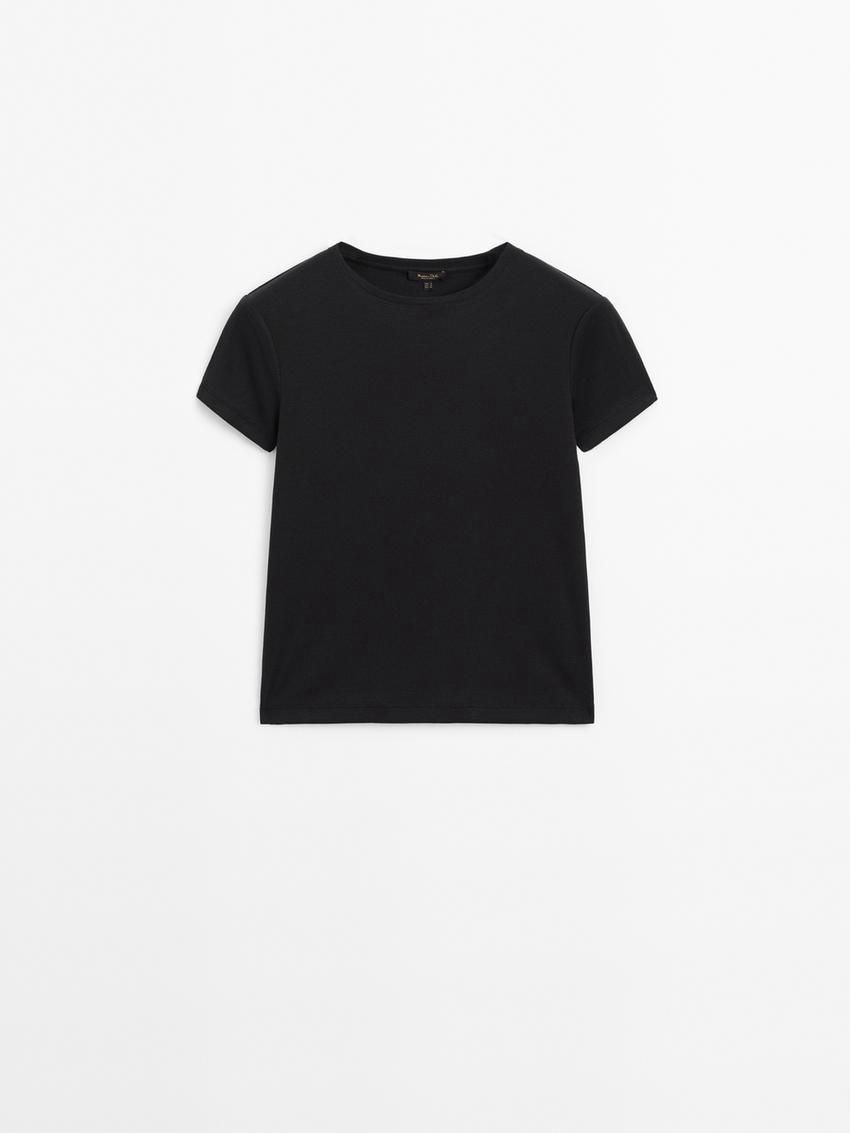 Massimo Dutti Ribbed Cotton Short Sleeve Women T-Shirt Black | US-MC6097182