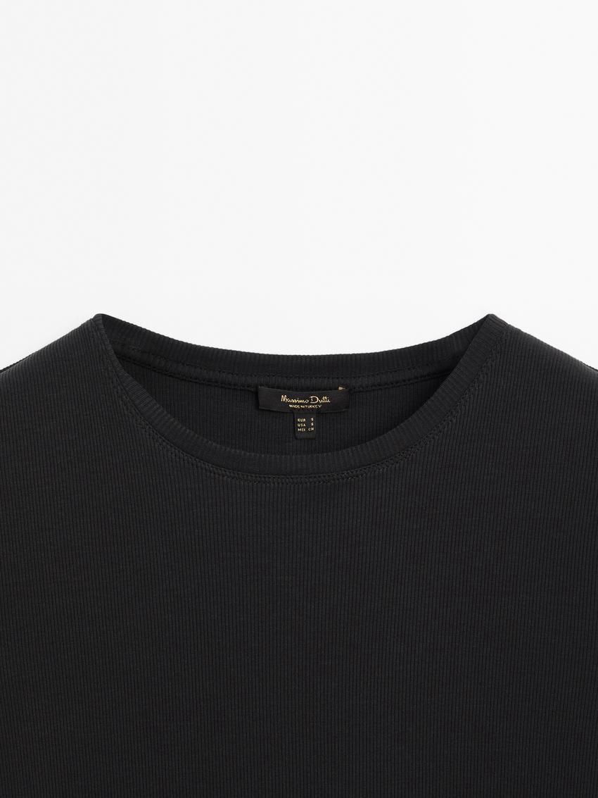Massimo Dutti Ribbed Cotton Short Sleeve Women T-Shirt Black | US-MC6097182