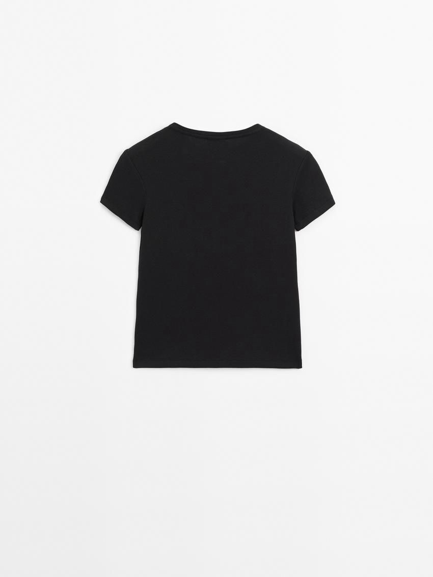 Massimo Dutti Ribbed Cotton Short Sleeve Women T-Shirt Black | US-MC6097182