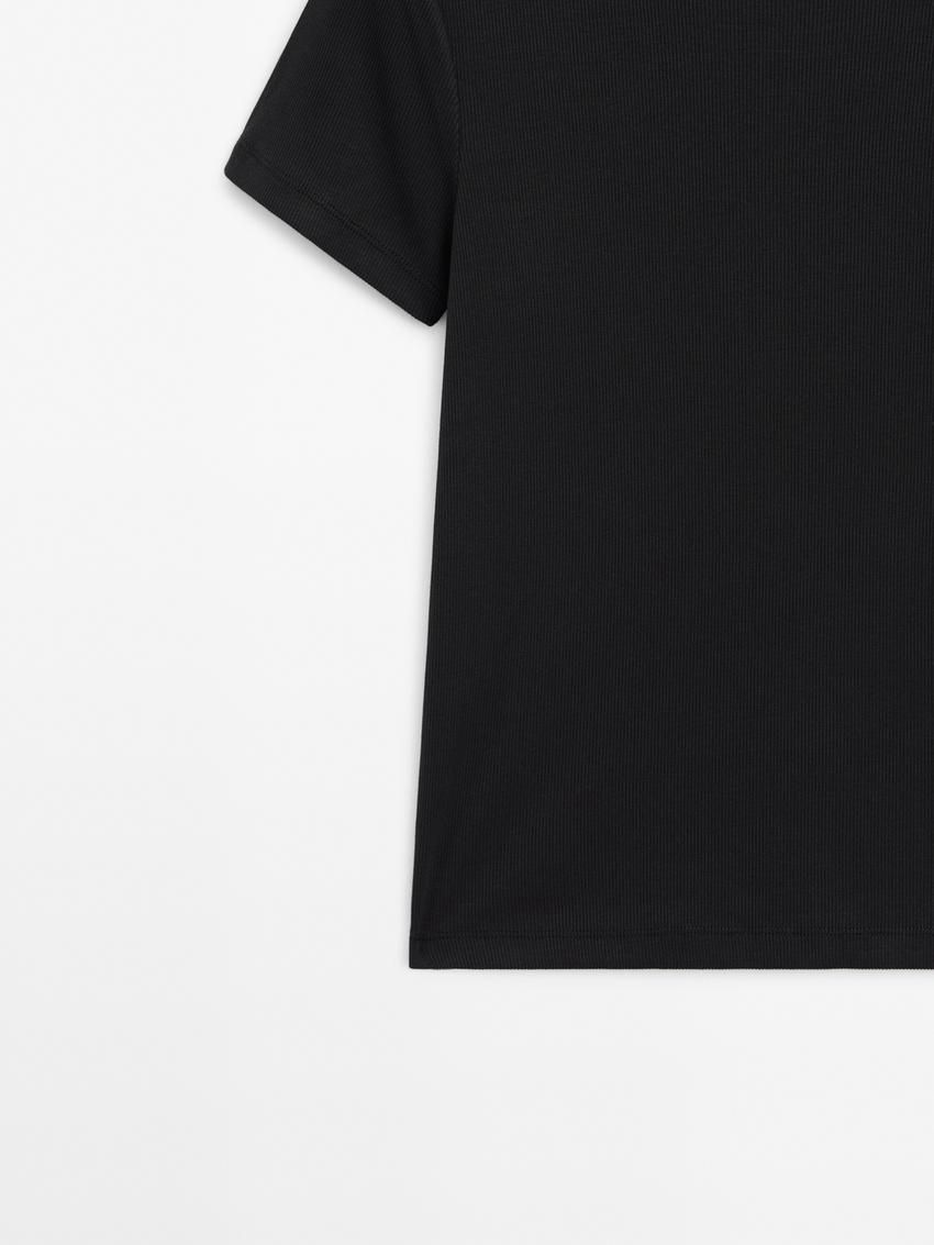 Massimo Dutti Ribbed Cotton Short Sleeve Women T-Shirt Black | US-MC6097182