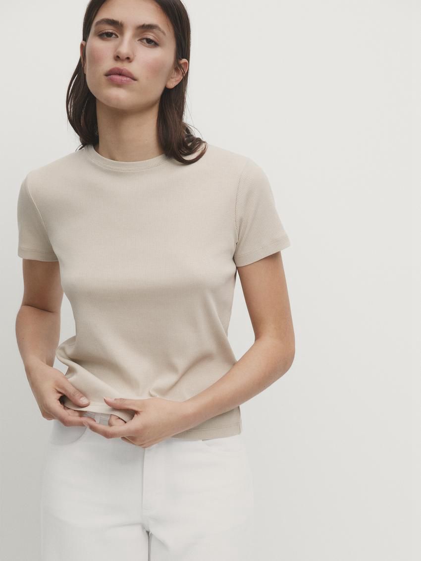 Massimo Dutti Ribbed Cotton Short Sleeve Women T-Shirt Beige | US-DM9405281