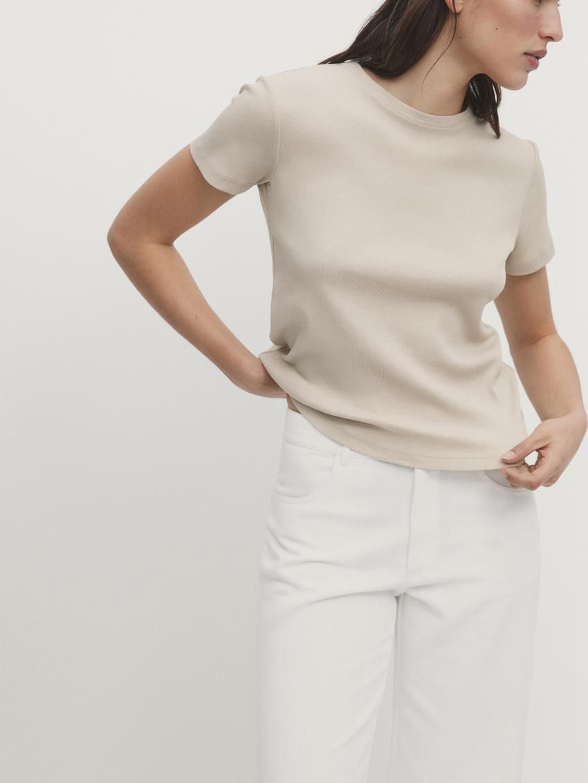 Massimo Dutti Ribbed Cotton Short Sleeve Women T-Shirt Beige | US-DM9405281