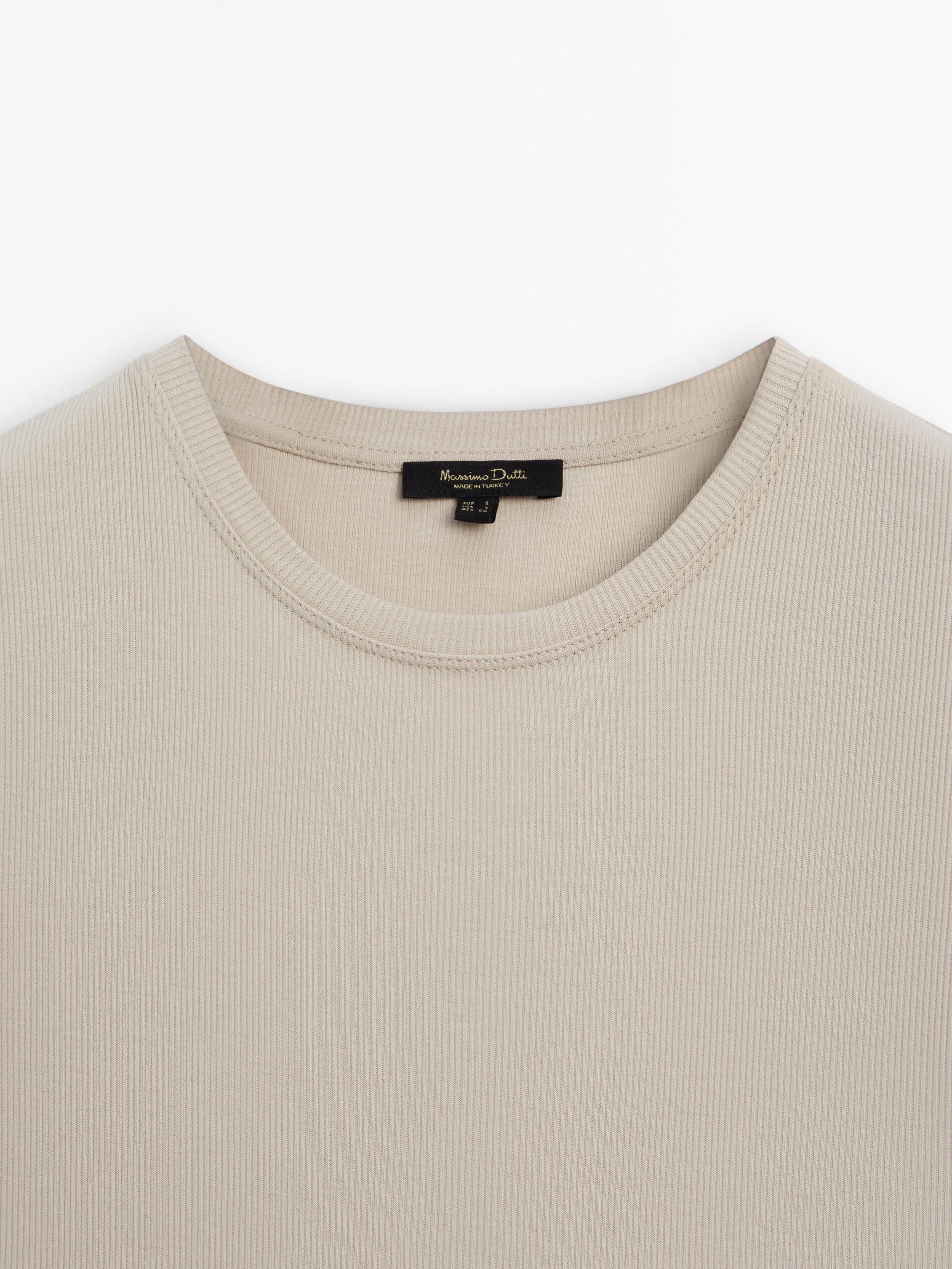 Massimo Dutti Ribbed Cotton Short Sleeve Women T-Shirt Beige | US-DM9405281