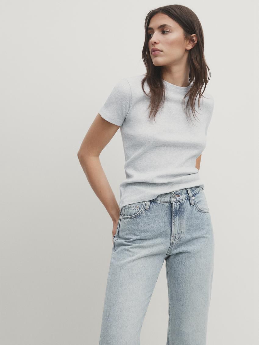 Massimo Dutti Ribbed Cotton Short Sleeve Women T-Shirt Grey | US-MZ0178495