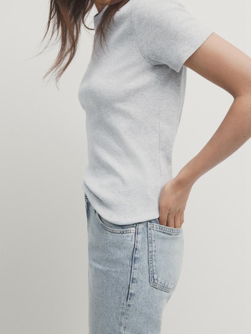 Massimo Dutti Ribbed Cotton Short Sleeve Women T-Shirt Grey | US-MZ0178495