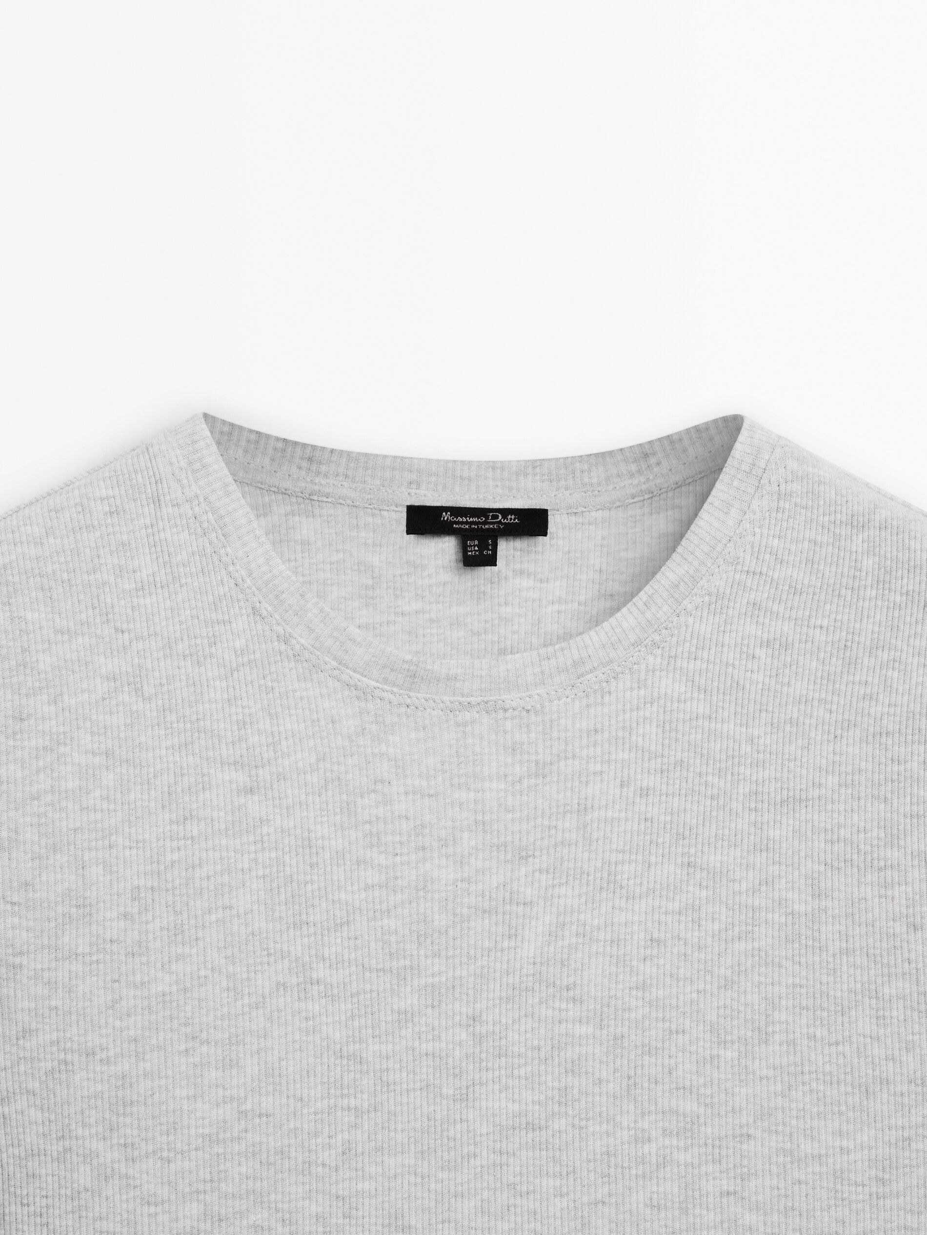 Massimo Dutti Ribbed Cotton Short Sleeve Women T-Shirt Grey | US-MZ0178495