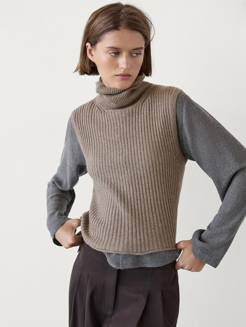 Massimo Dutti Ribbed High Neck Women Top Brown | US-VR9470623