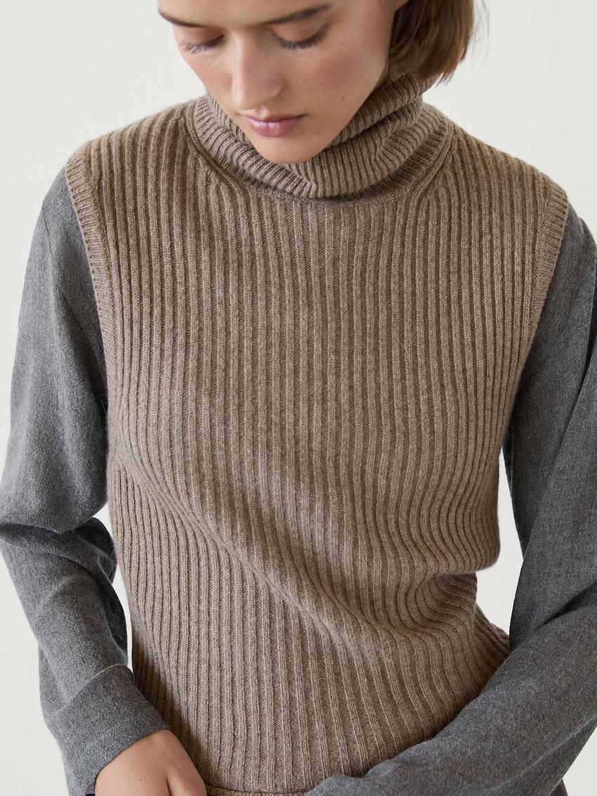 Massimo Dutti Ribbed High Neck Women Top Brown | US-VR9470623