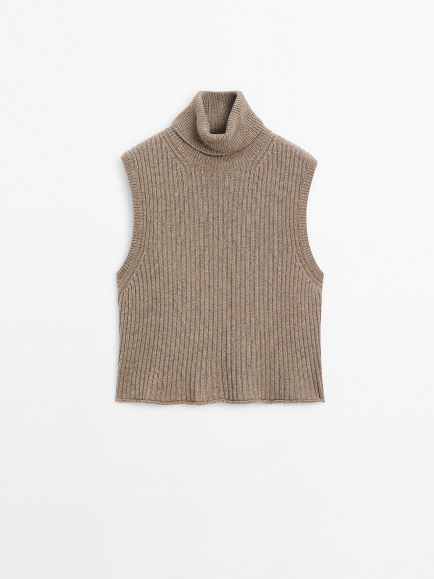 Massimo Dutti Ribbed High Neck Women Top Brown | US-VR9470623