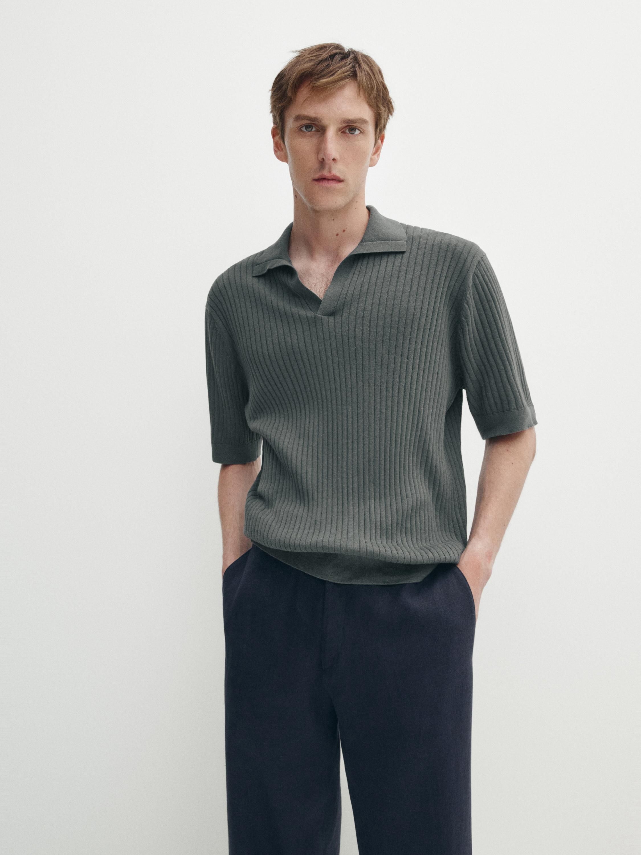 Massimo Dutti Ribbed Knit Cotton And Linen Blend Men Polo Shirt Dark Green | US-SC1362594