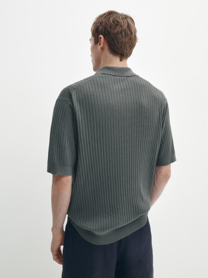 Massimo Dutti Ribbed Knit Cotton And Linen Blend Men Polo Shirt Dark Green | US-SC1362594