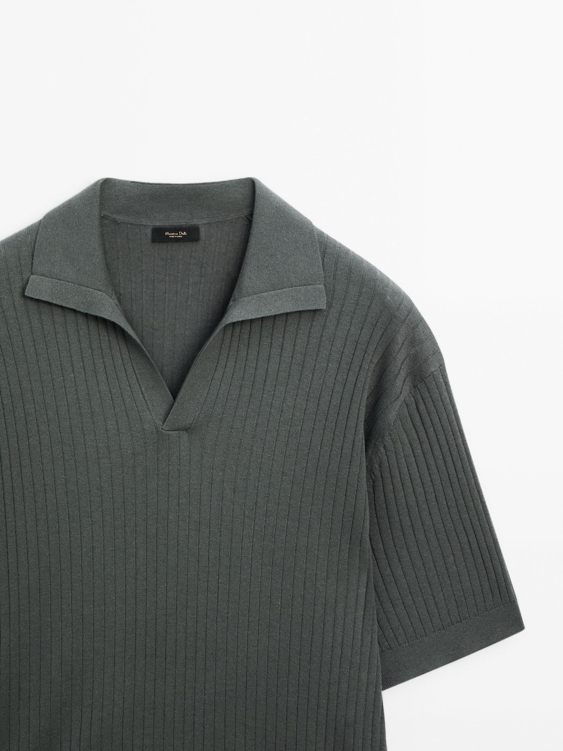 Massimo Dutti Ribbed Knit Cotton And Linen Blend Men Polo Shirt Dark Green | US-SC1362594