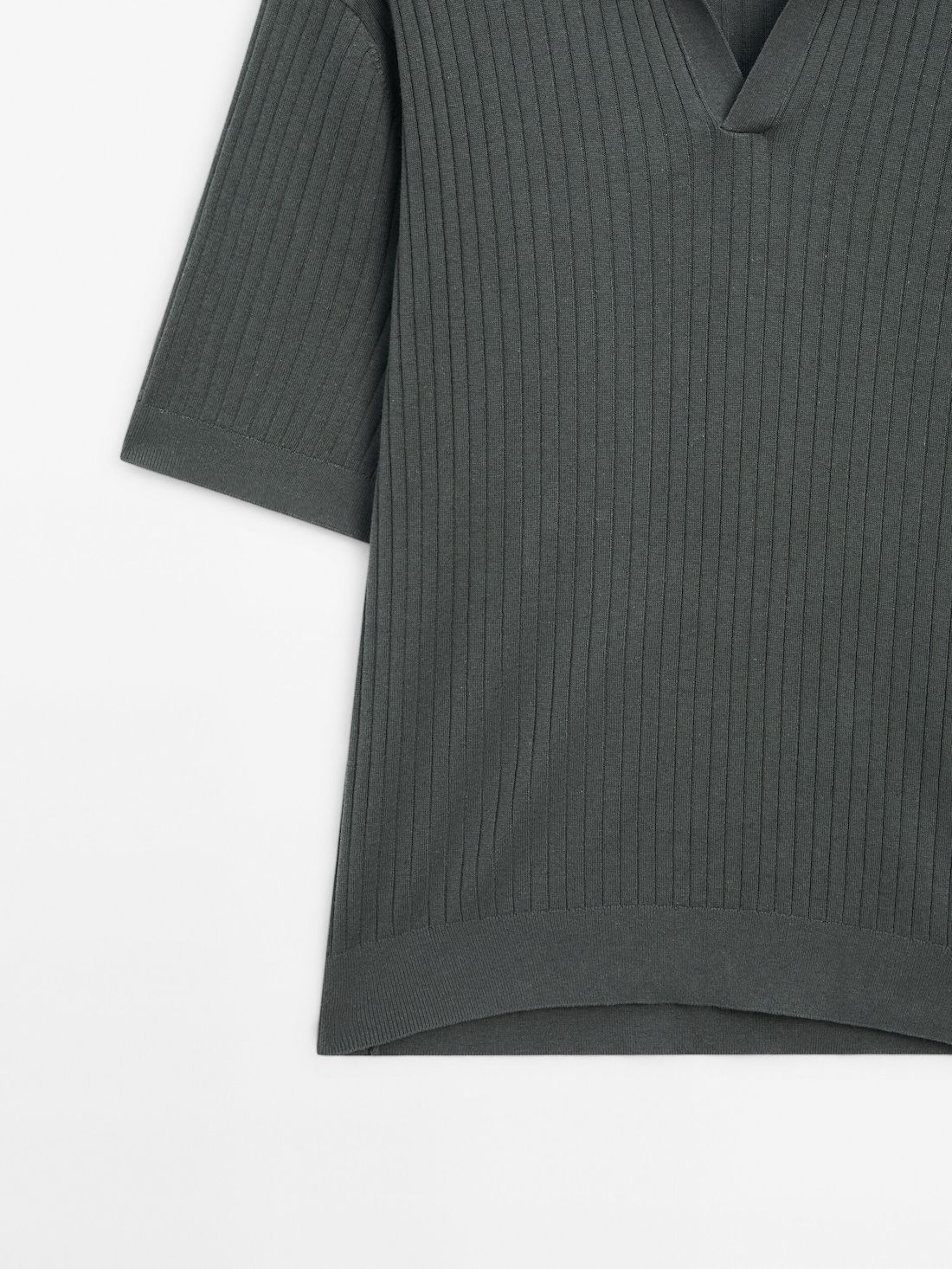 Massimo Dutti Ribbed Knit Cotton And Linen Blend Men Polo Shirt Dark Green | US-SC1362594