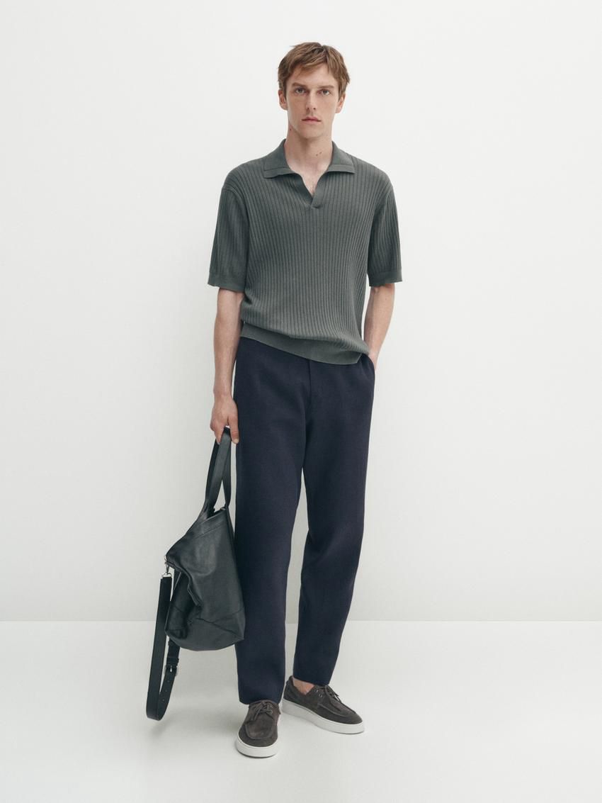 Massimo Dutti Ribbed Knit Cotton And Linen Blend Men Polo Shirt Dark Green | US-SC1362594
