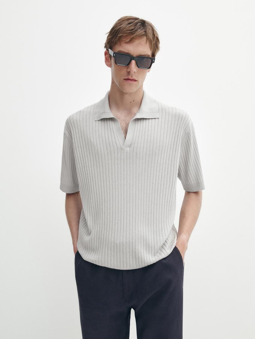 Massimo Dutti Ribbed Knit Cotton And Linen Blend Men Polo Shirt Grey | US-RL7095486