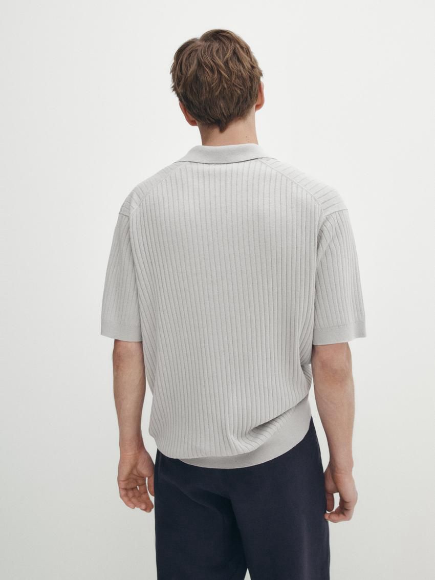 Massimo Dutti Ribbed Knit Cotton And Linen Blend Men Polo Shirt Grey | US-RL7095486