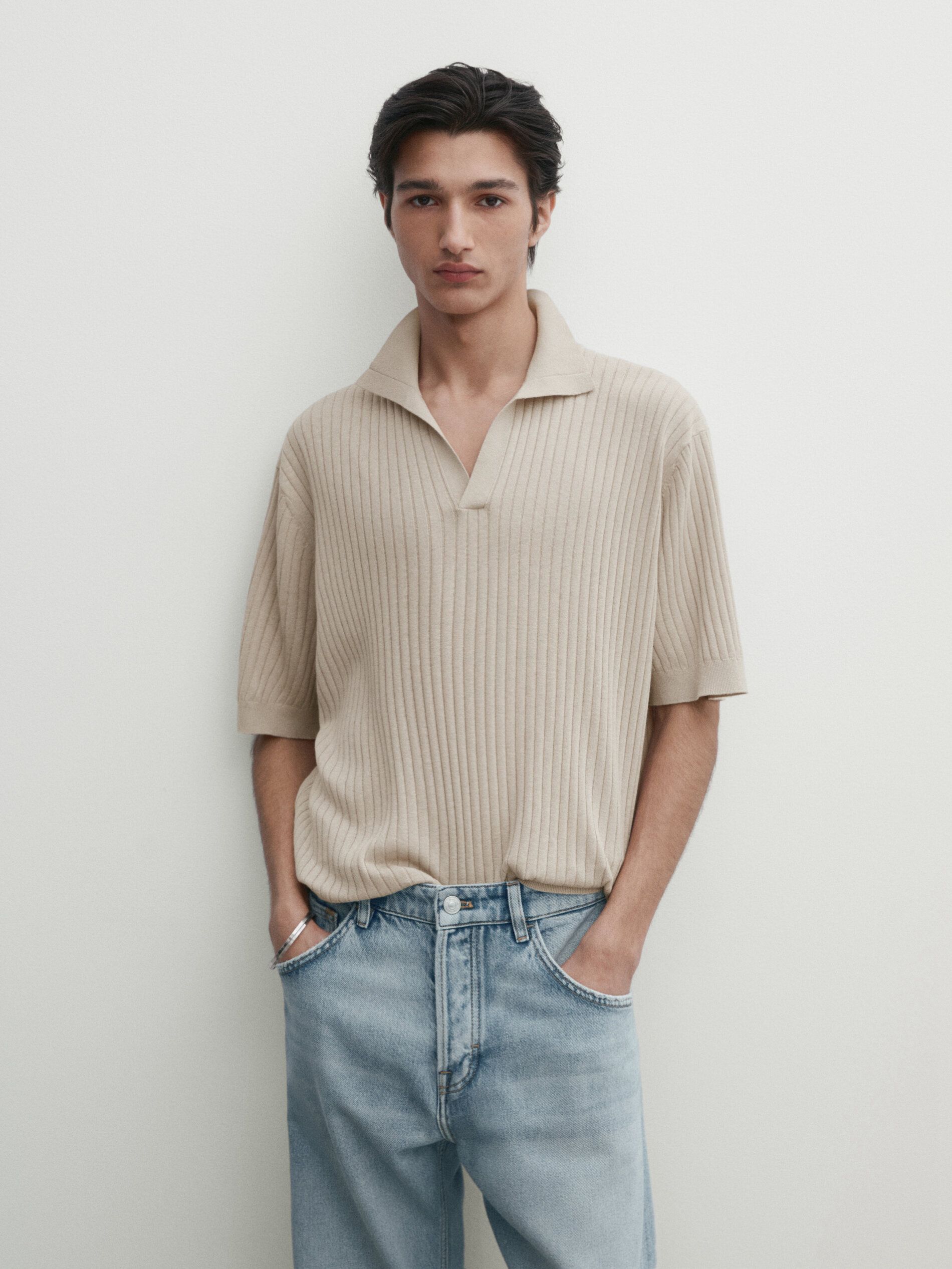 Massimo Dutti Ribbed Knit Cotton And Linen Blend Men Polo Shirt Light Beige | US-MO5173842