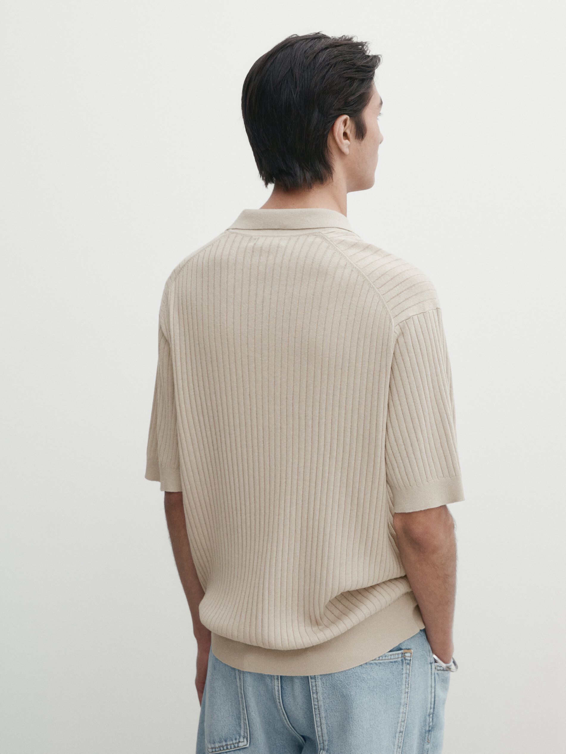 Massimo Dutti Ribbed Knit Cotton And Linen Blend Men Polo Shirt Light Beige | US-MO5173842