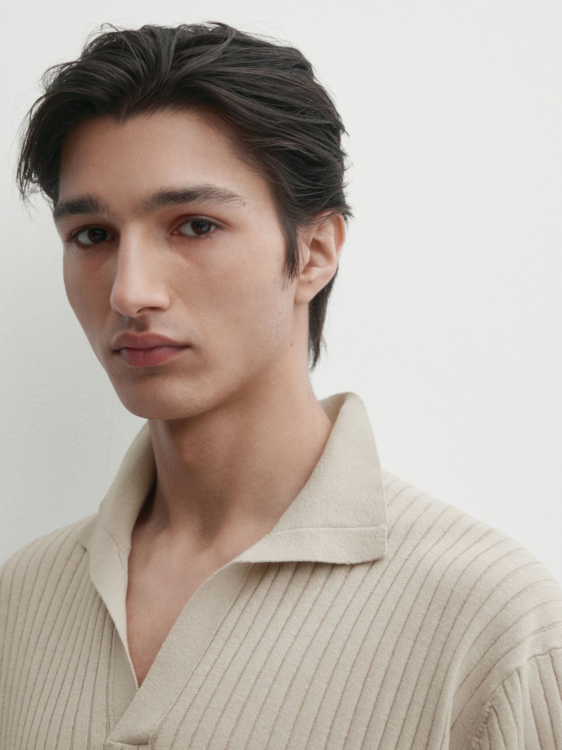 Massimo Dutti Ribbed Knit Cotton And Linen Blend Men Polo Shirt Light Beige | US-MO5173842
