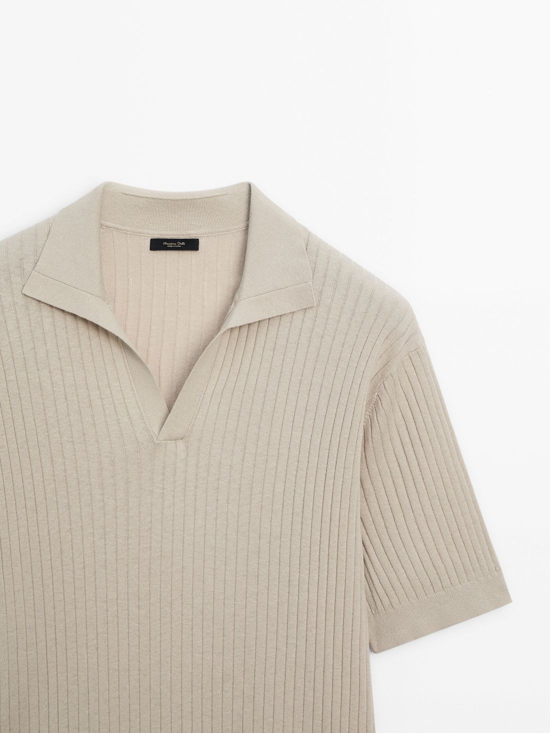 Massimo Dutti Ribbed Knit Cotton And Linen Blend Men Polo Shirt Light Beige | US-MO5173842