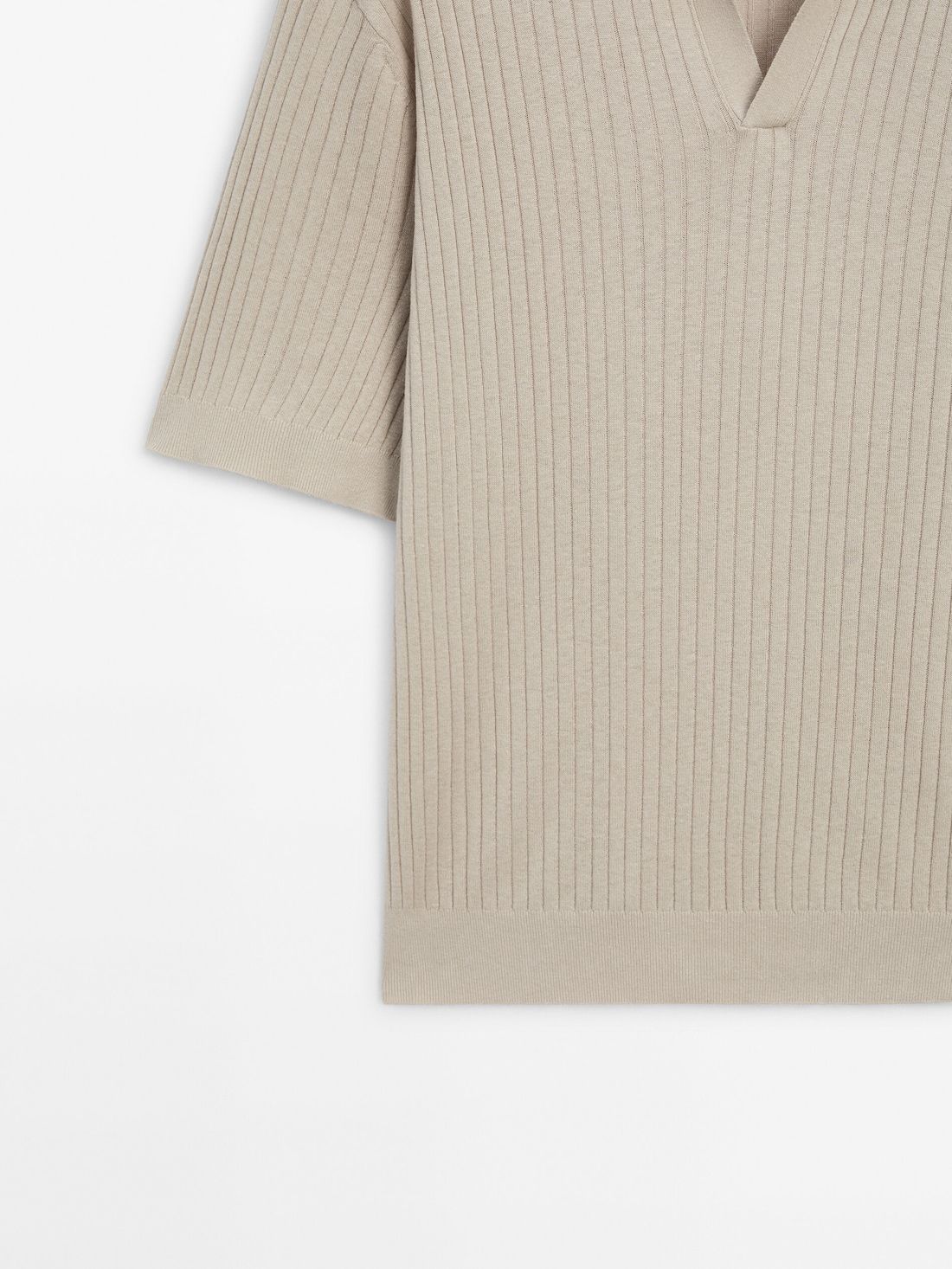 Massimo Dutti Ribbed Knit Cotton And Linen Blend Men Polo Shirt Light Beige | US-MO5173842