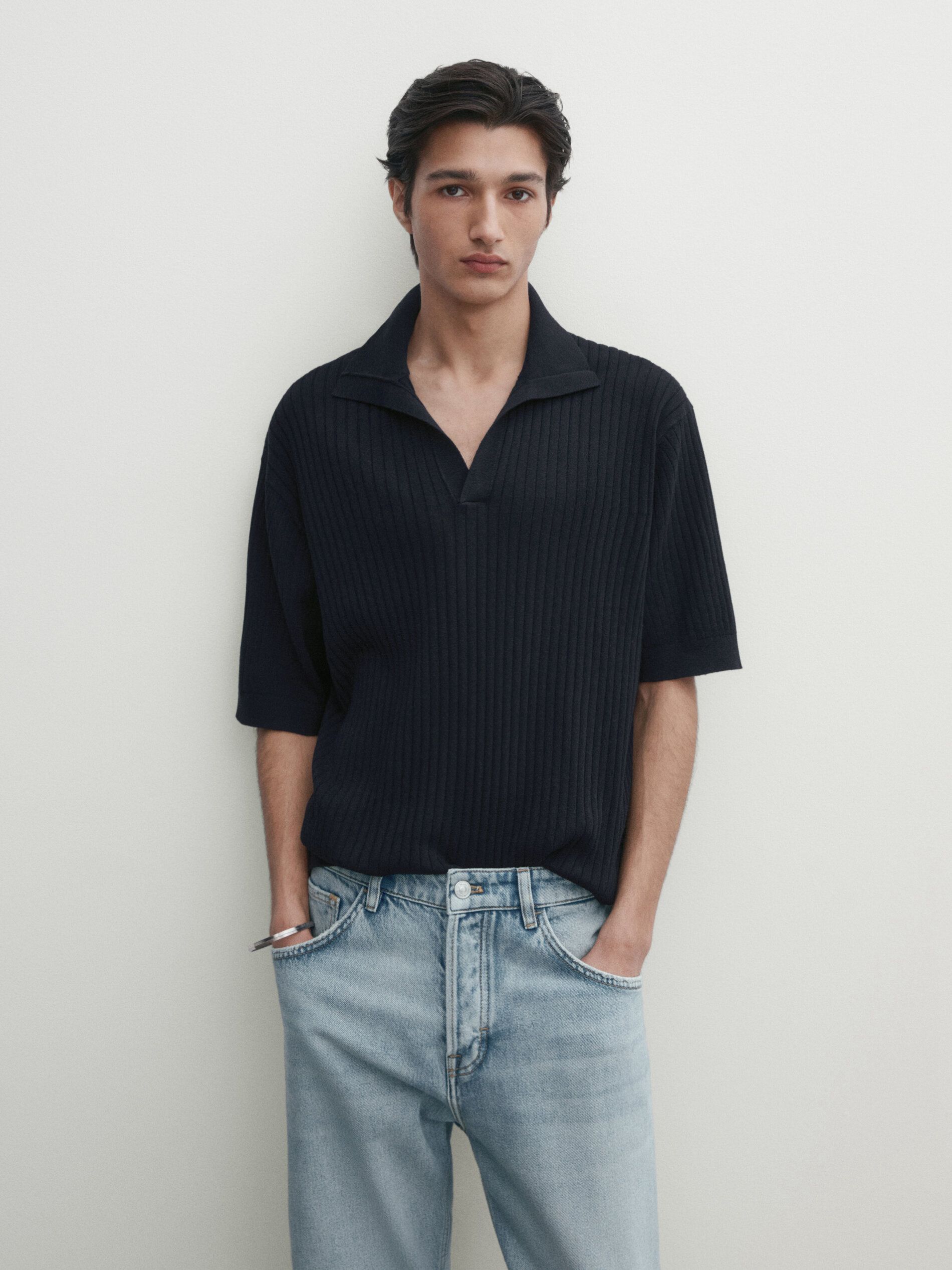 Massimo Dutti Ribbed Knit Cotton And Linen Blend Men Polo Shirt Navy | US-WQ7948360