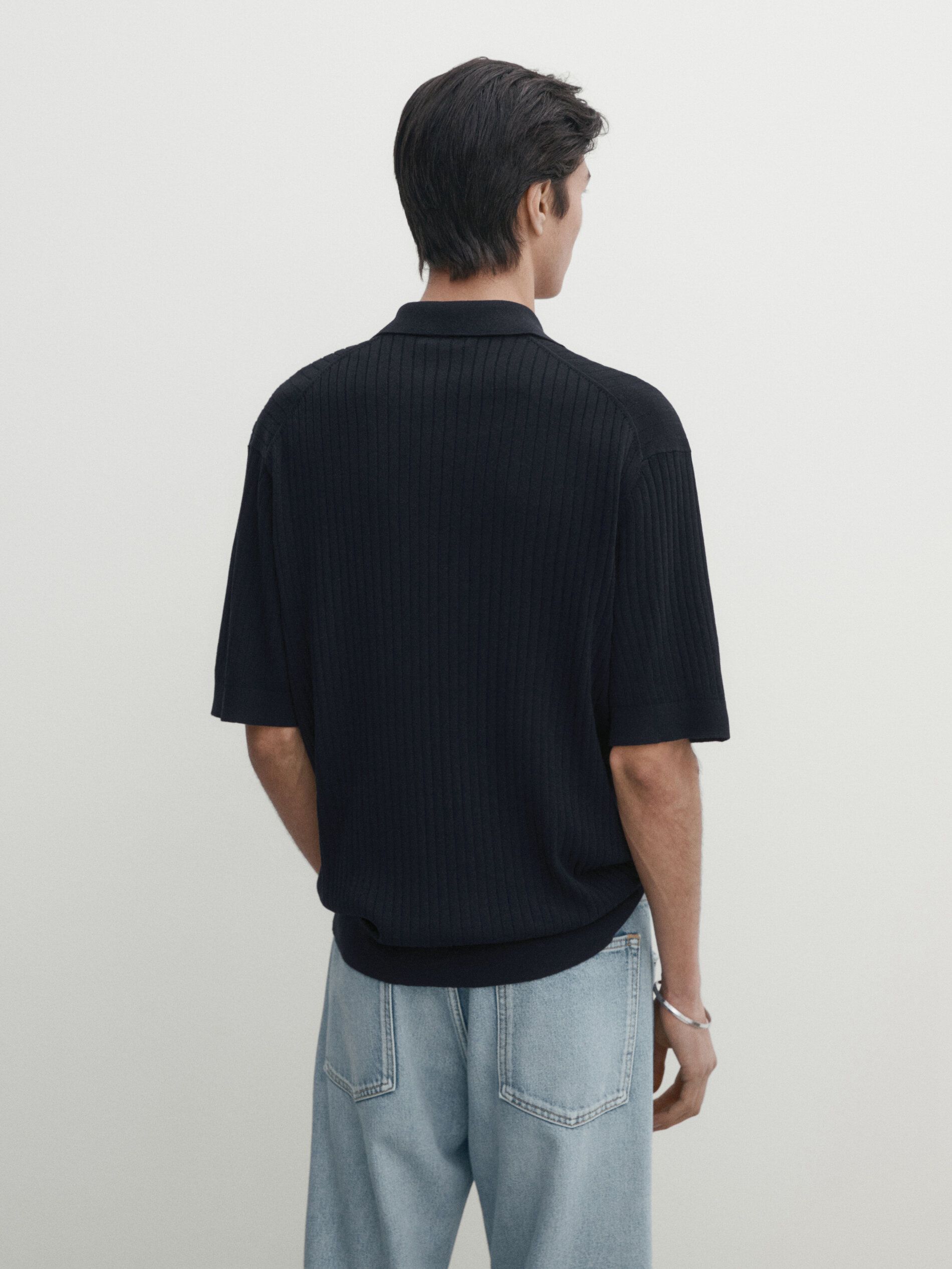 Massimo Dutti Ribbed Knit Cotton And Linen Blend Men Polo Shirt Navy | US-WQ7948360