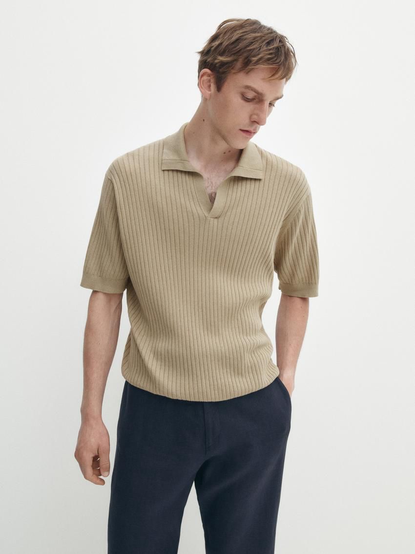 Massimo Dutti Ribbed Knit Cotton And Linen Blend Men Polo Shirt Khaki | US-YJ0713865