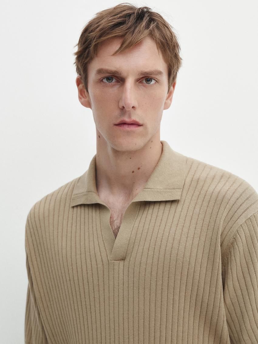 Massimo Dutti Ribbed Knit Cotton And Linen Blend Men Polo Shirt Khaki | US-YJ0713865