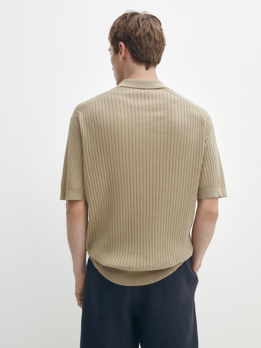 Massimo Dutti Ribbed Knit Cotton And Linen Blend Men Polo Shirt Khaki | US-YJ0713865
