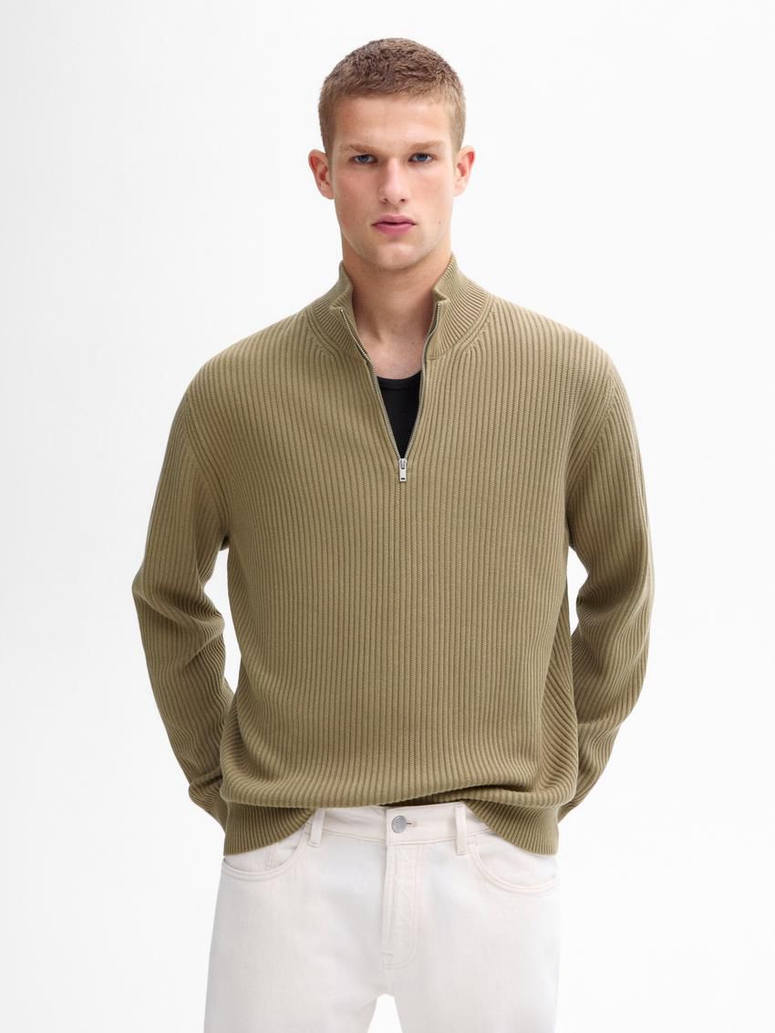 Massimo Dutti Ribbed Knit With Mock Neck Men Sweater Khaki | US-DX4651078