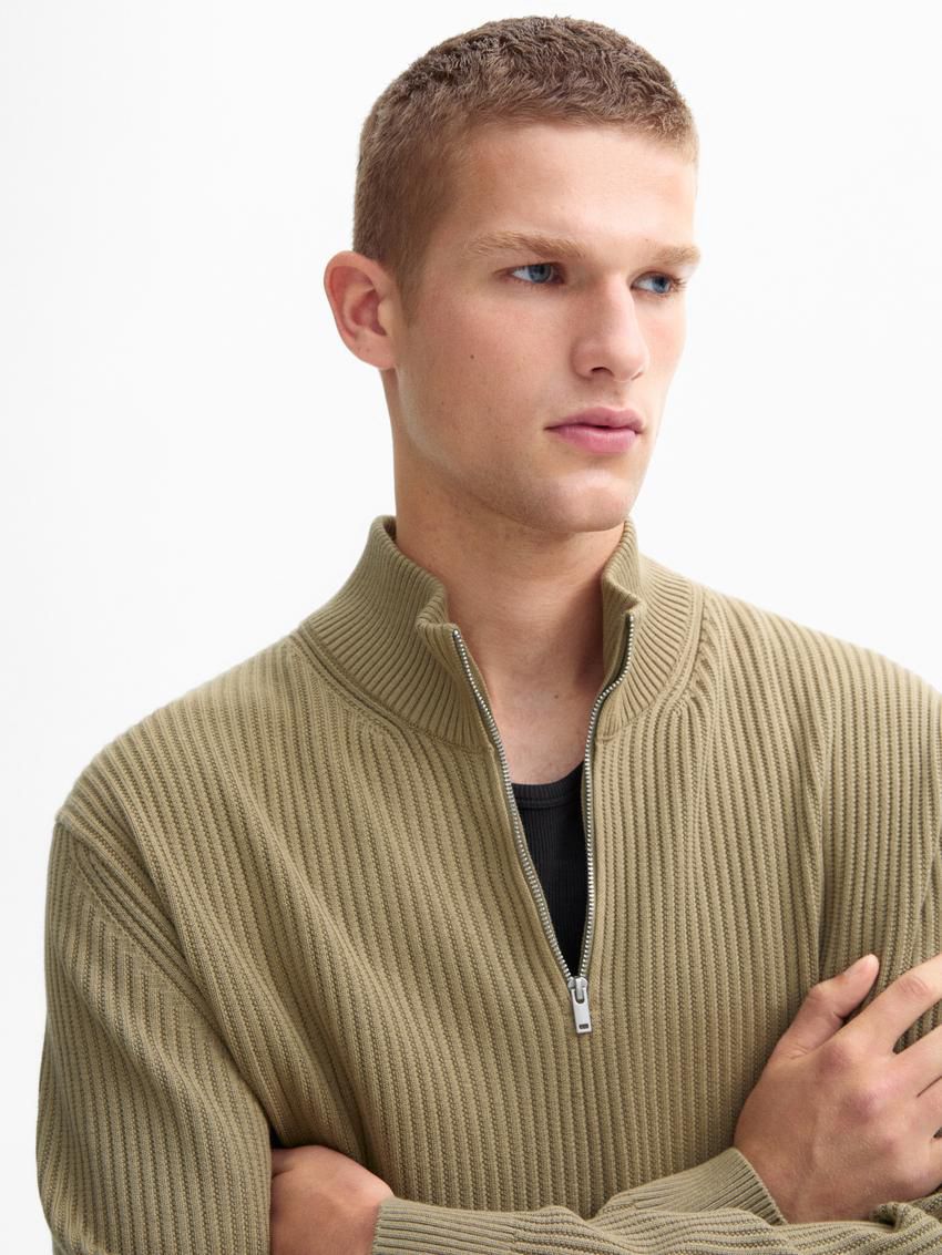 Massimo Dutti Ribbed Knit With Mock Neck Men Sweater Khaki | US-DX4651078