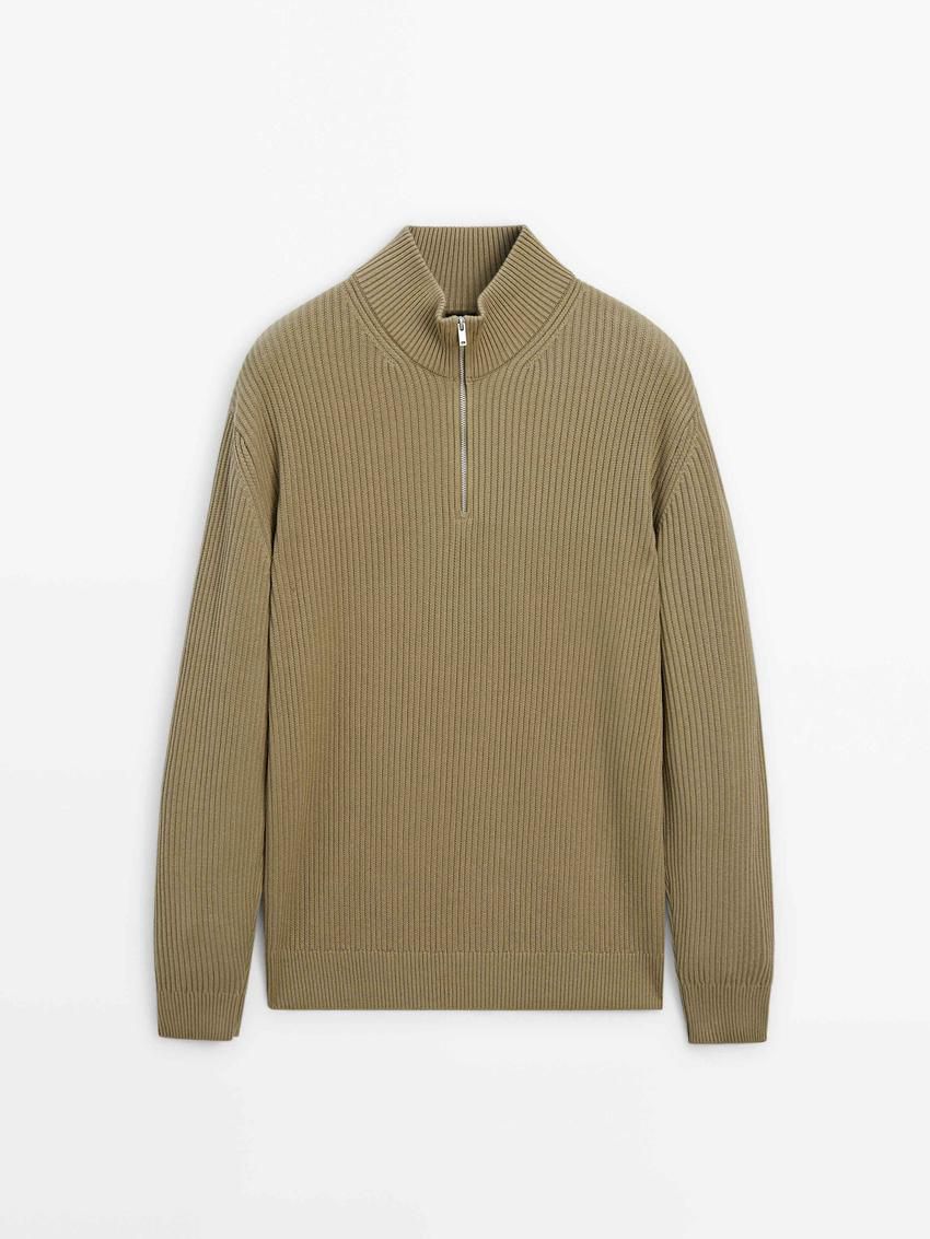Massimo Dutti Ribbed Knit With Mock Neck Men Sweater Khaki | US-DX4651078