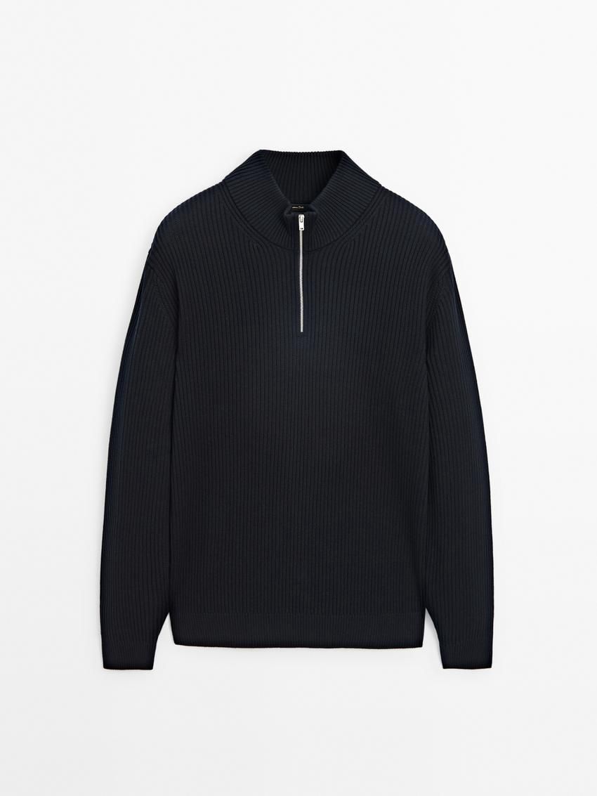 Massimo Dutti Ribbed Knit With Mock Neck Men Sweater Navy | US-HP6987543
