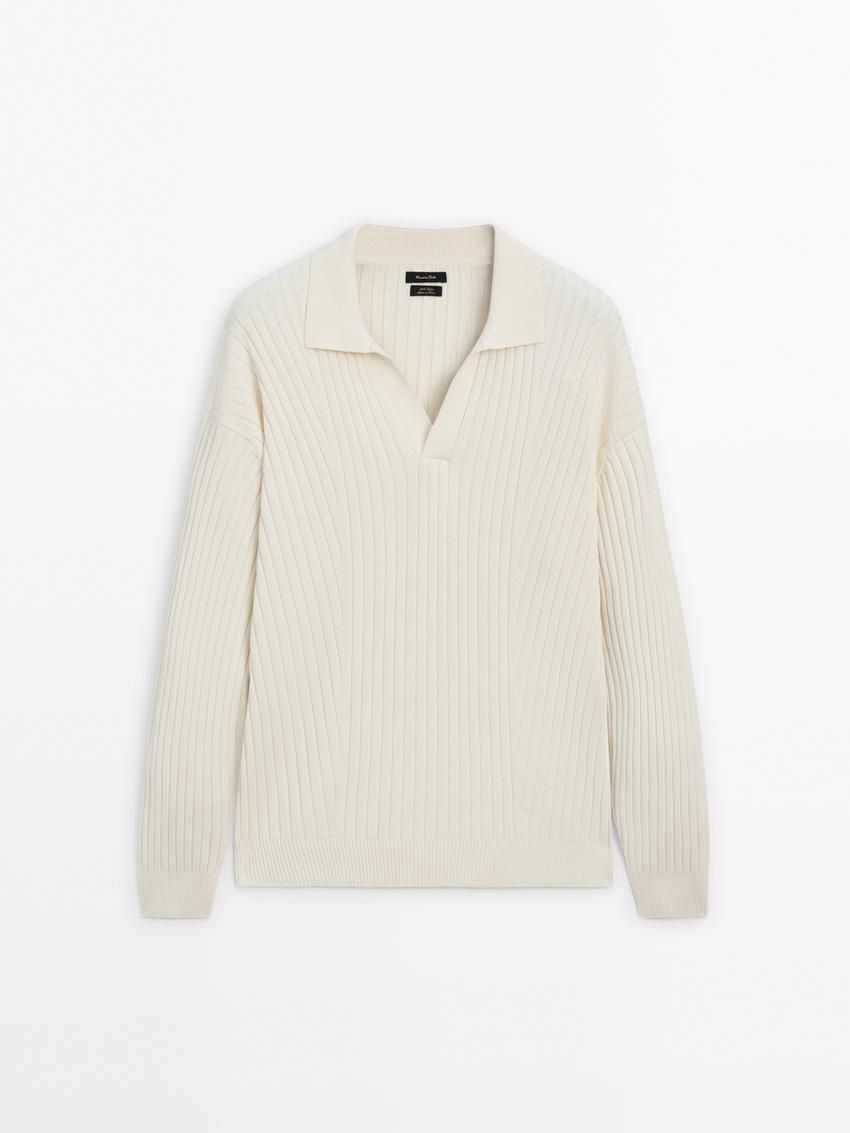 Massimo Dutti Ribbed Knit With Polo Collar Men Sweater Cream | US-SK4953806