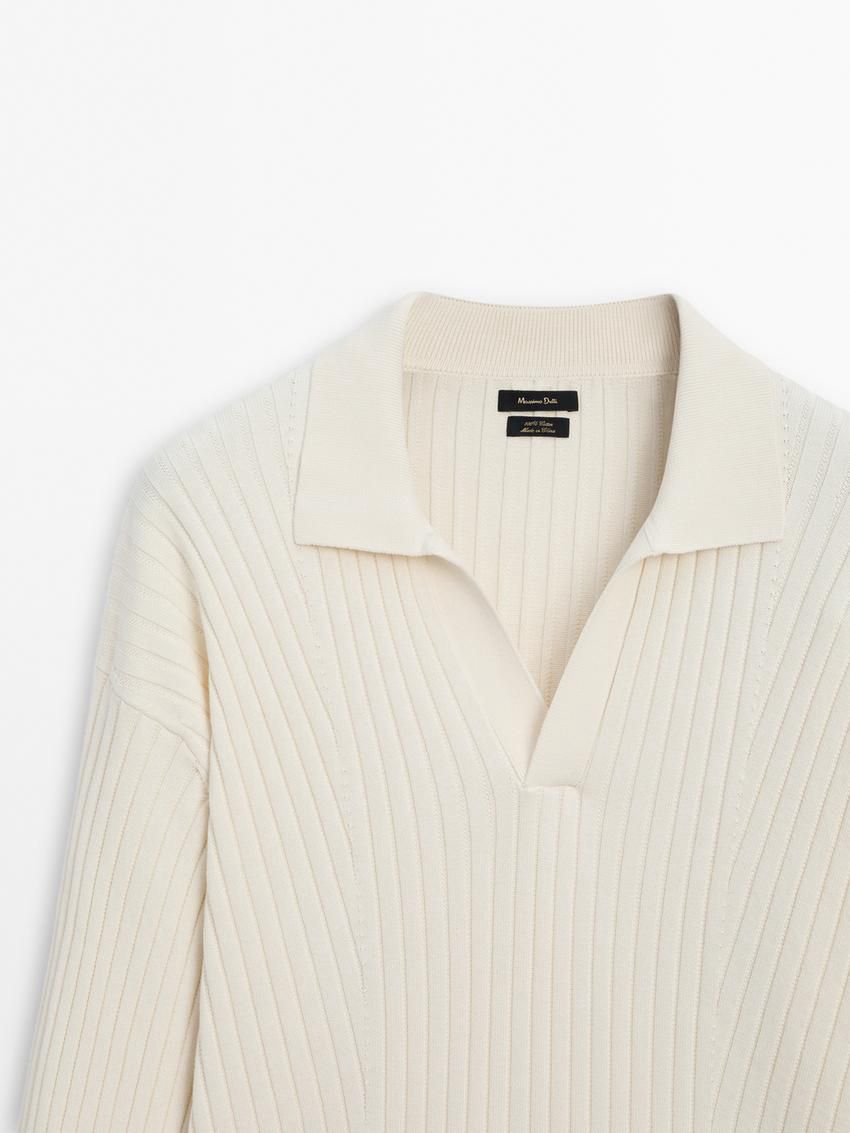 Massimo Dutti Ribbed Knit With Polo Collar Men Sweater Cream | US-SK4953806