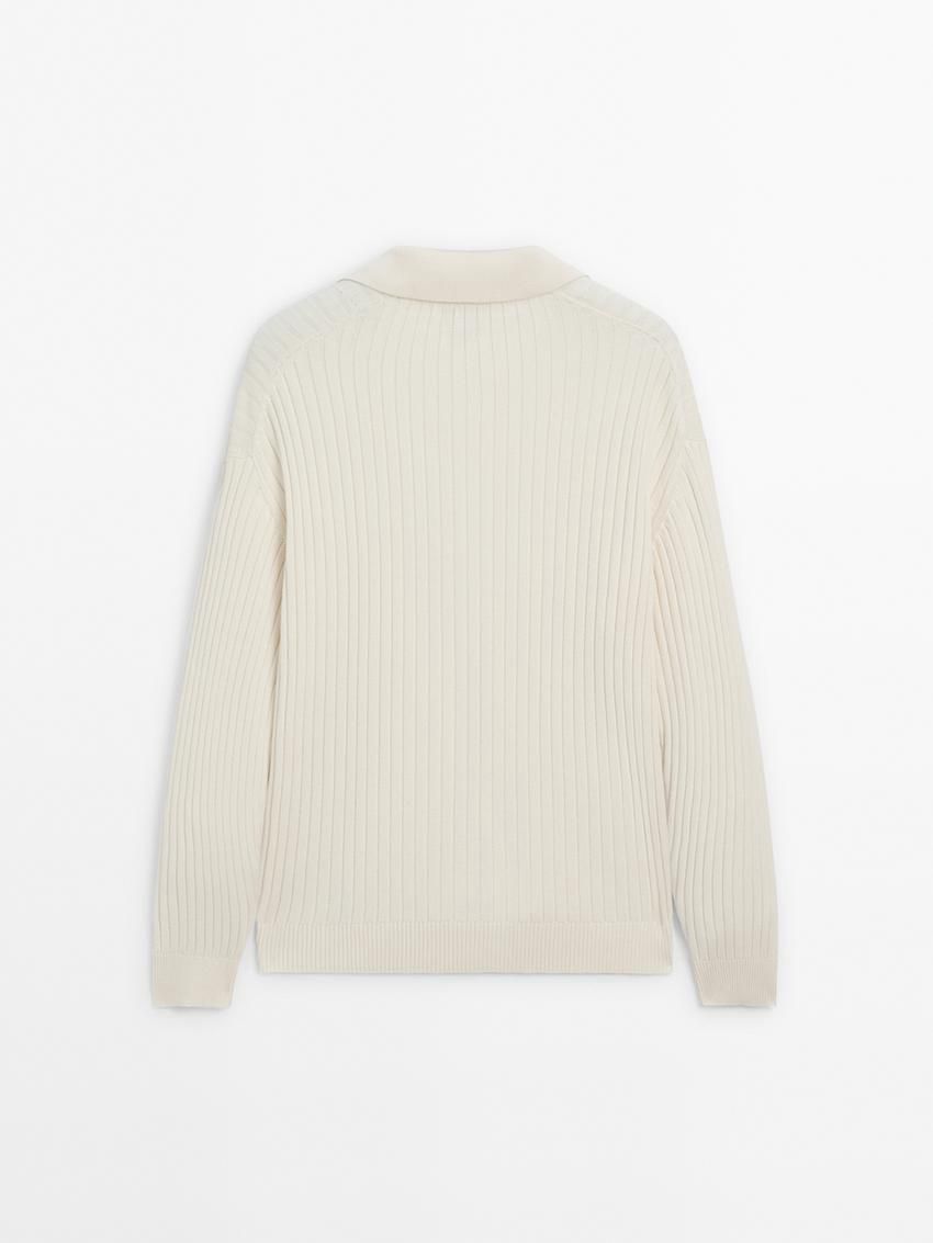 Massimo Dutti Ribbed Knit With Polo Collar Men Sweater Cream | US-SK4953806