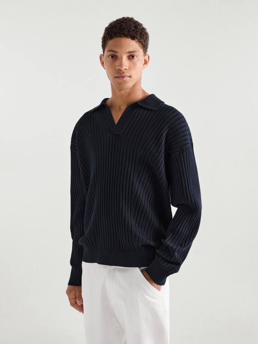 Massimo Dutti Ribbed Knit With Polo Collar Men Sweater Navy | US-AE6351087