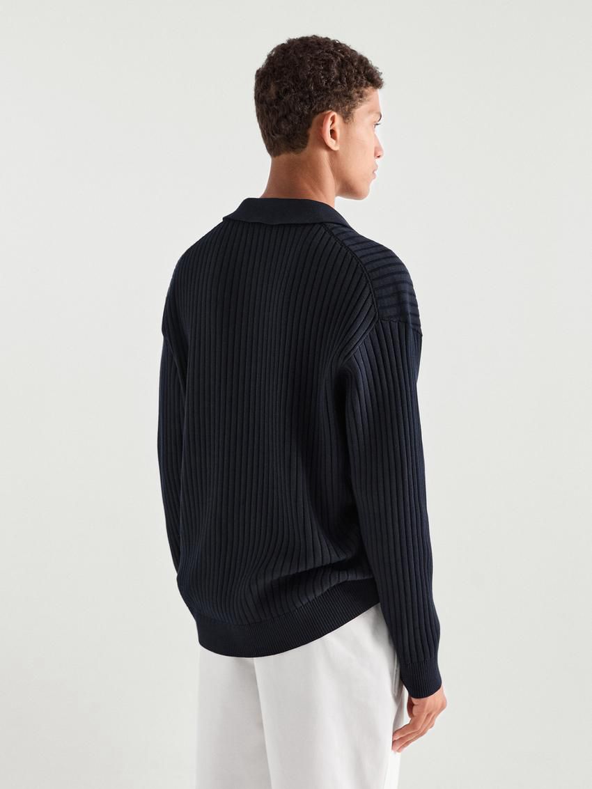 Massimo Dutti Ribbed Knit With Polo Collar Men Sweater Navy | US-AE6351087