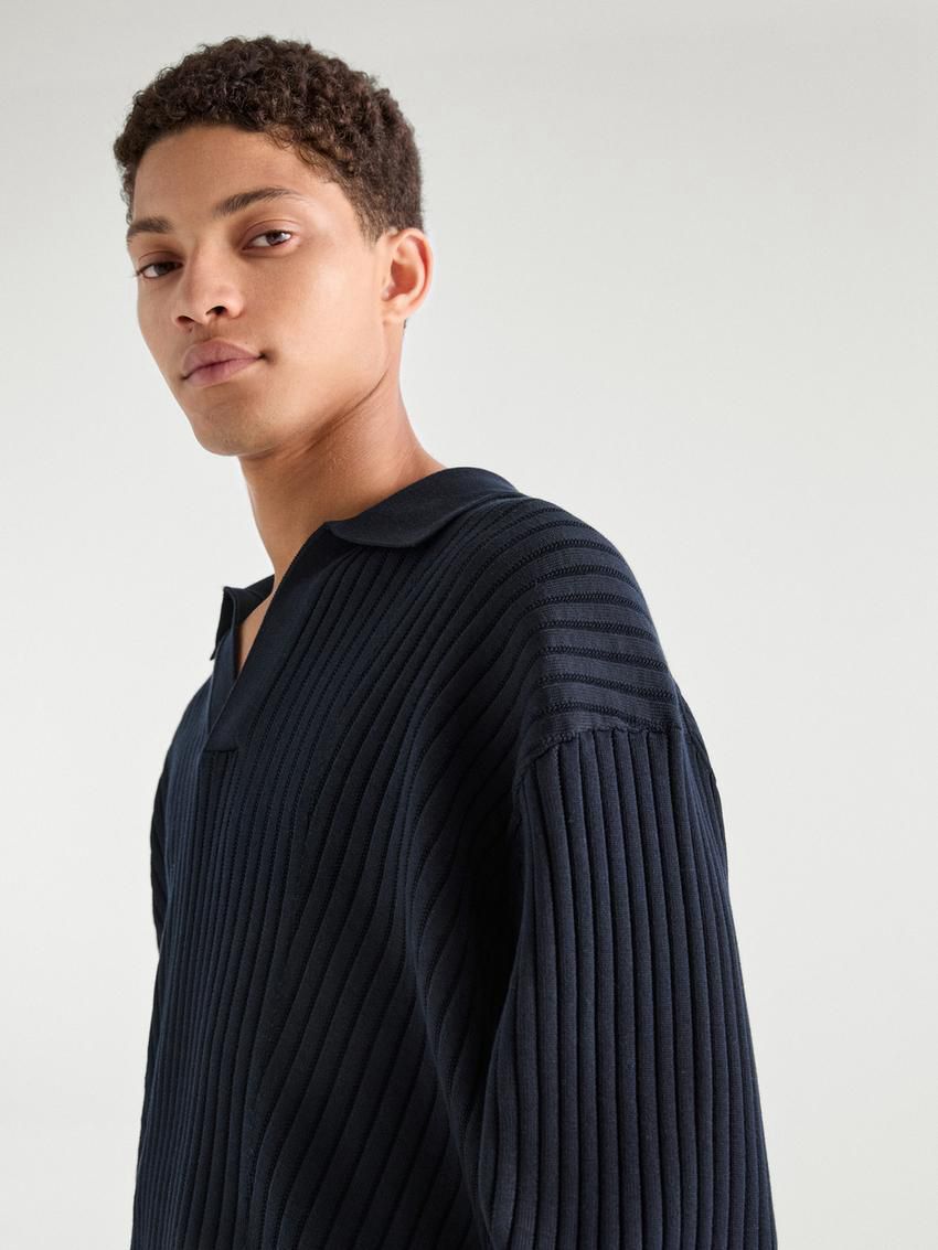 Massimo Dutti Ribbed Knit With Polo Collar Men Sweater Navy | US-AE6351087