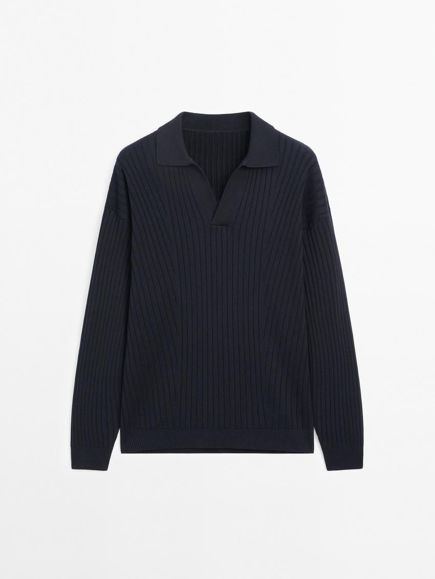 Massimo Dutti Ribbed Knit With Polo Collar Men Sweater Navy | US-AE6351087
