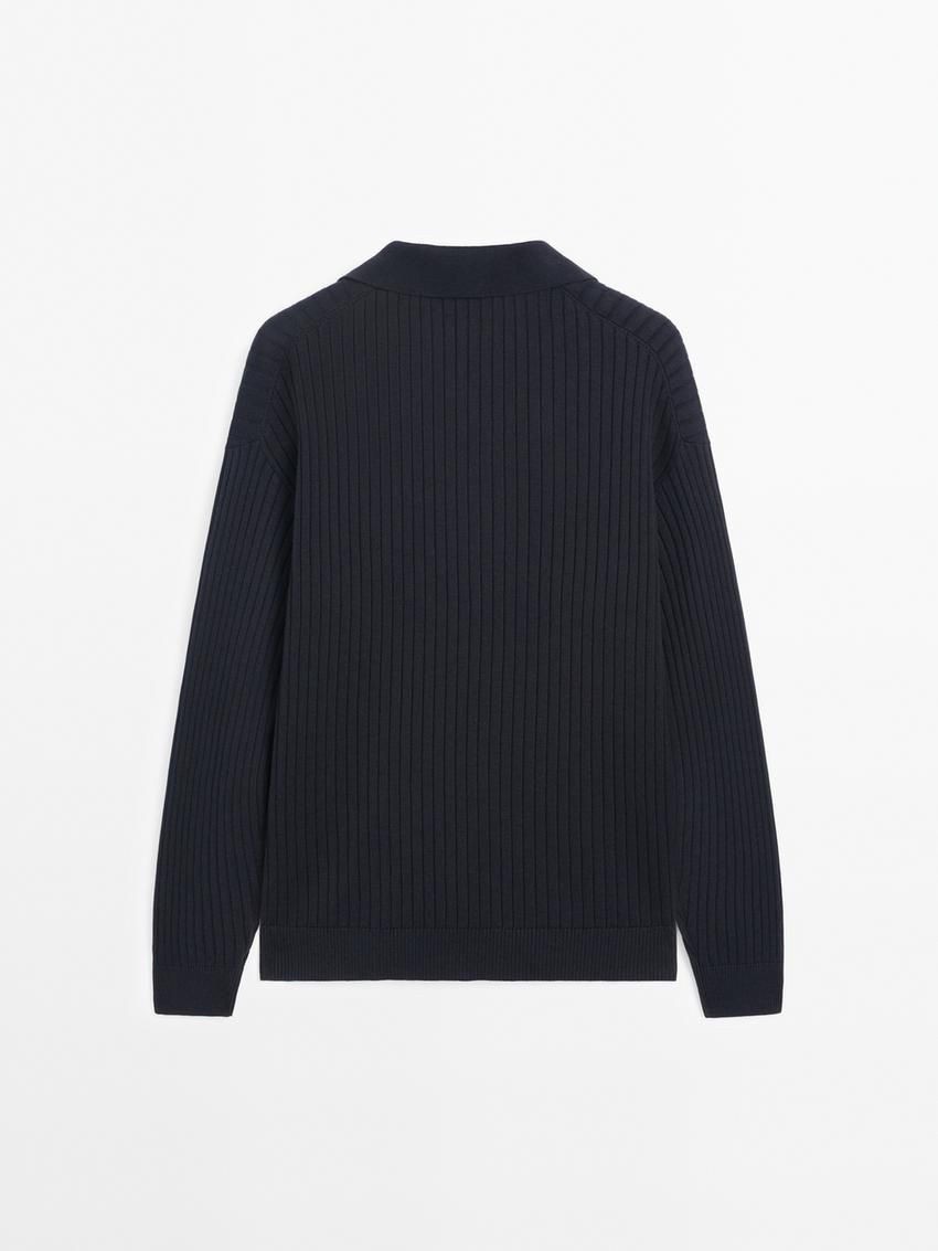Massimo Dutti Ribbed Knit With Polo Collar Men Sweater Navy | US-AE6351087