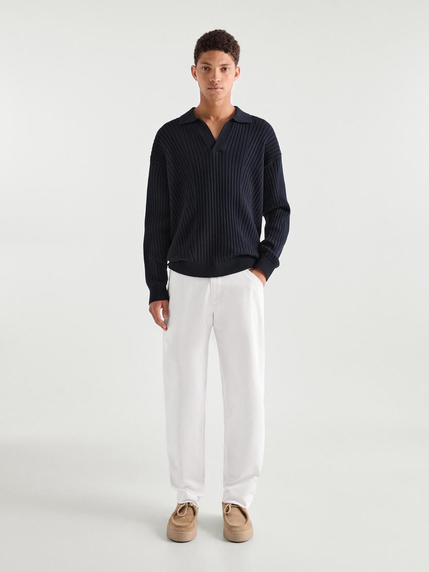 Massimo Dutti Ribbed Knit With Polo Collar Men Sweater Navy | US-AE6351087